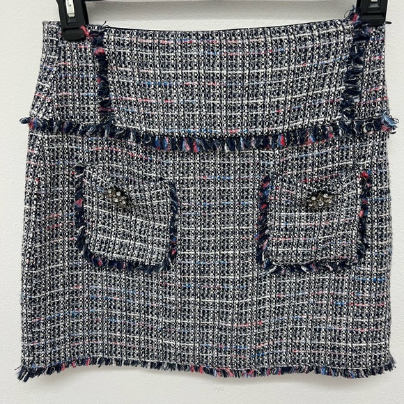 Zara Tweed Skirt With Embellishments Fringe Gem Size M - Picture 2 of 4